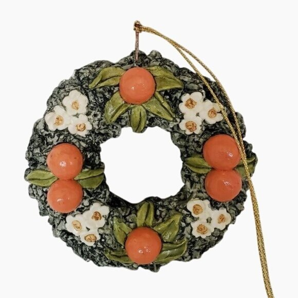 Handcrafted Ceramic Wreath Ornament With Floral & Fruit Design 2.5" Holiday Art - Picture 1 of 4